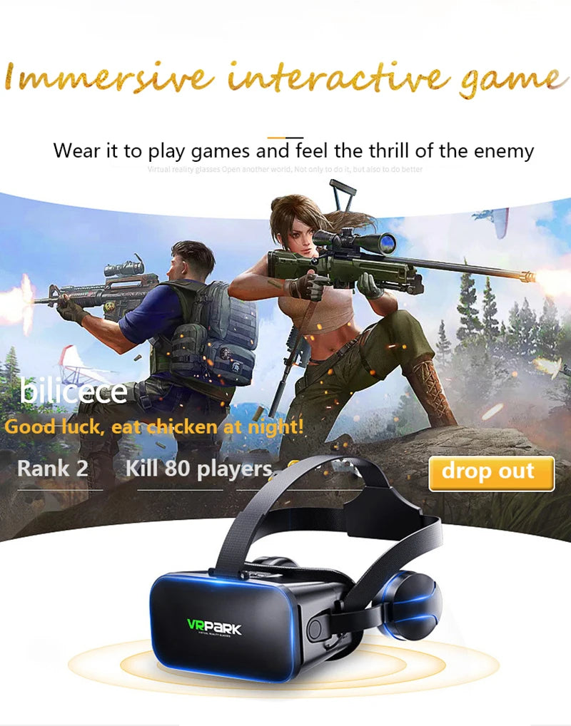 Black VR headset with adjustable head straps and built-in headphones, set against a gaming-themed background.