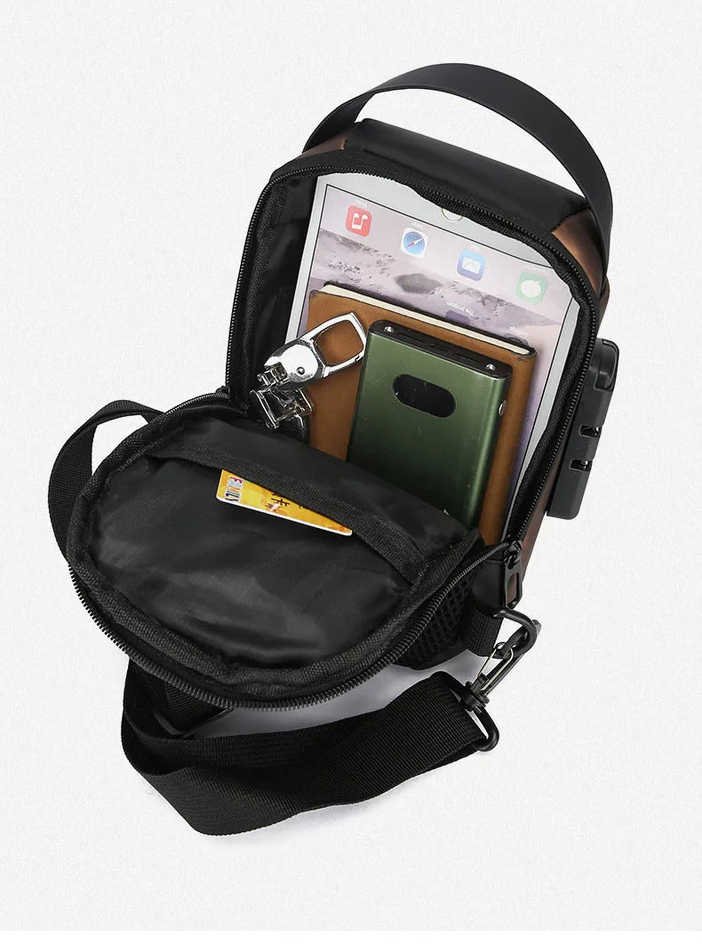 Black and brown anti-theft sling bag, open to show organised storage for a tablet, phone, and cards with a side lock.