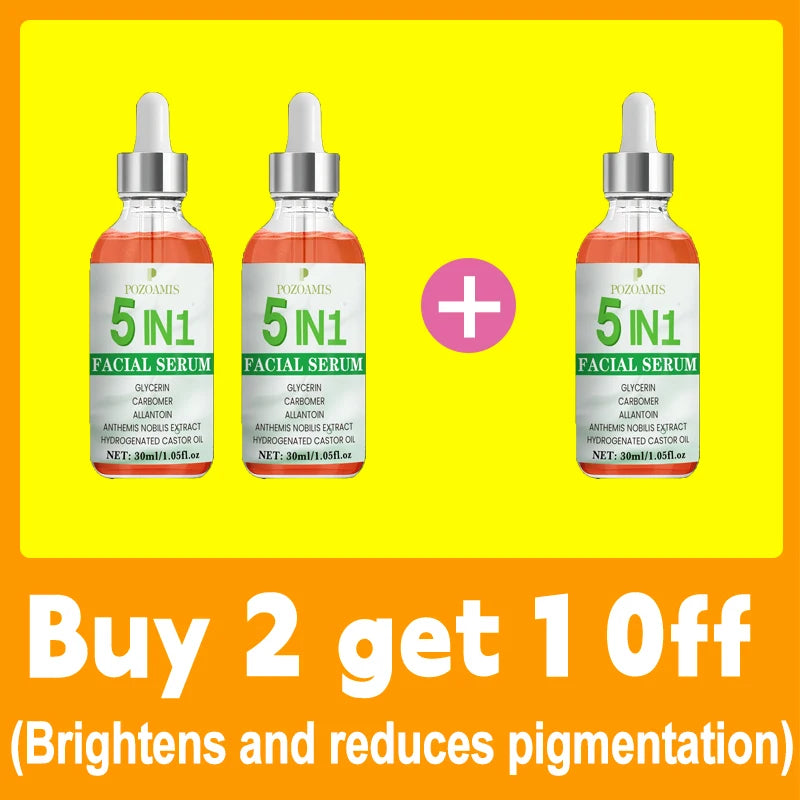 Three bottles of 5-in-1 brightening facial serum with dropper lids, featured in a Buy 2 Get 1 Free promotional offer.