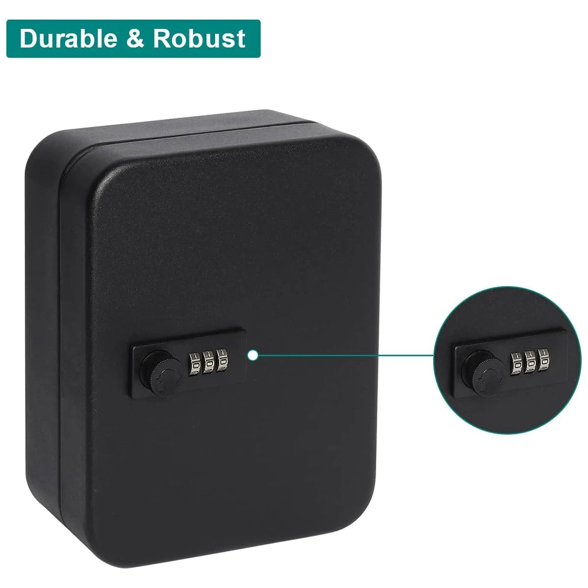 Black metal lock box with a 3-digit combination dial.