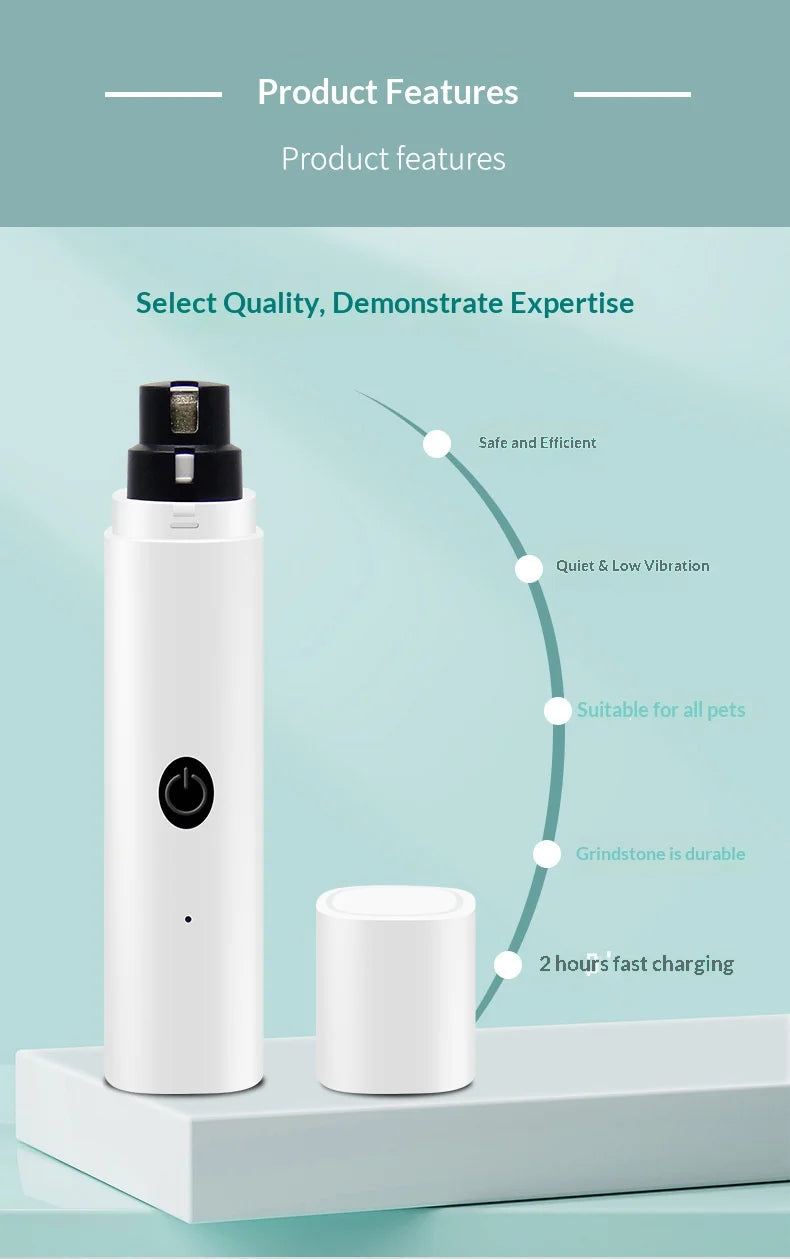 A white, portable electric pet nail grinder with a black trimming head, shown with its cap and feature list.