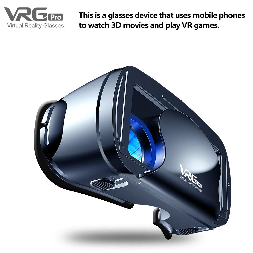 Sleek dark blue VR headset for smartphones, featuring a modern, ergonomic design with bright blue lenses.
