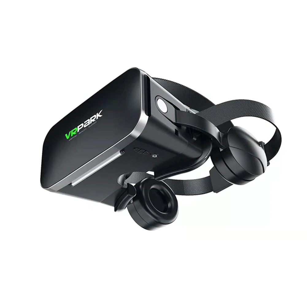 Black 3D VR headset for smartphones featuring integrated over-ear headphones and an adjustable head strap.