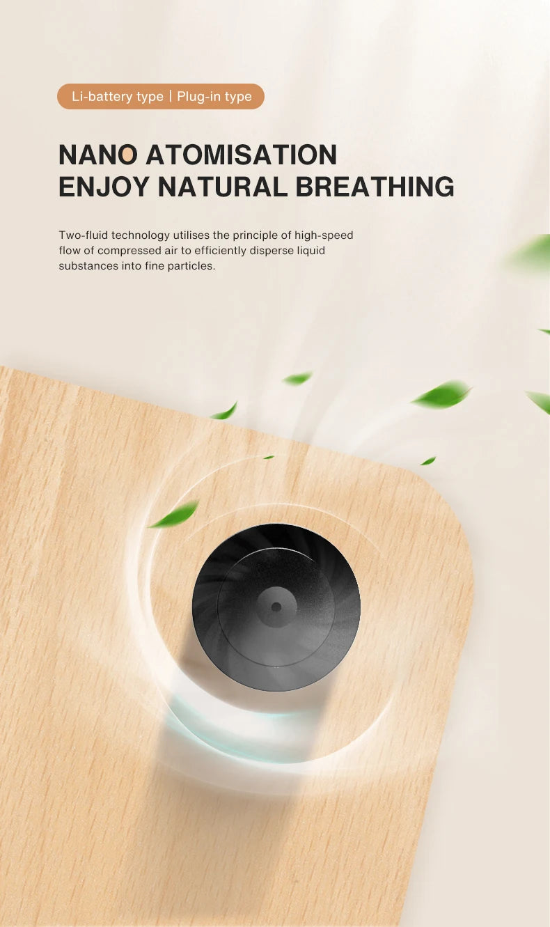 Modern light-wood aroma diffuser releasing a gentle mist, featuring a sleek, minimalist circular black vent design.