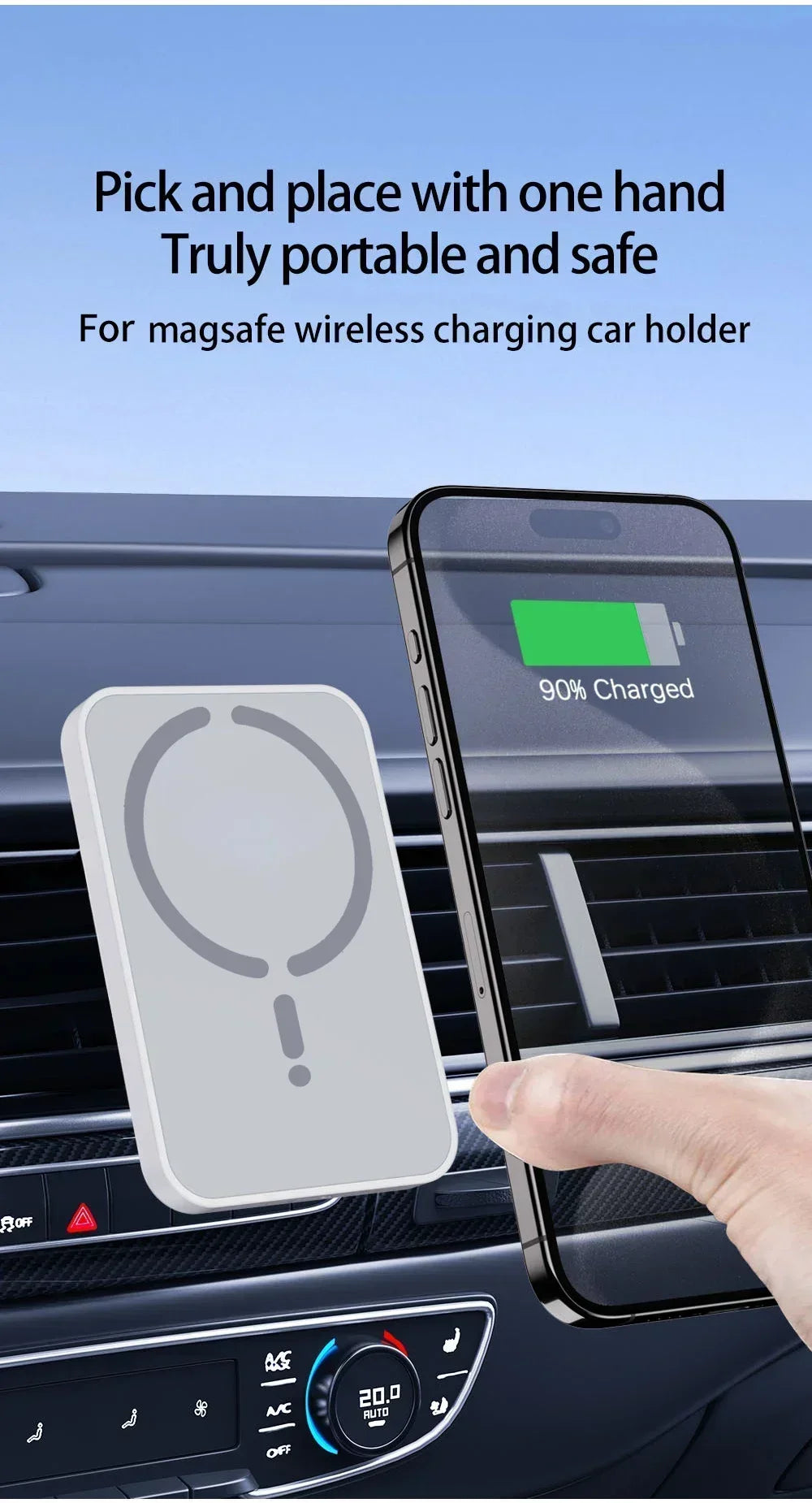 A grey, rectangular magnetic wireless car phone charger mounted on a car air vent, shown charging a smartphone.