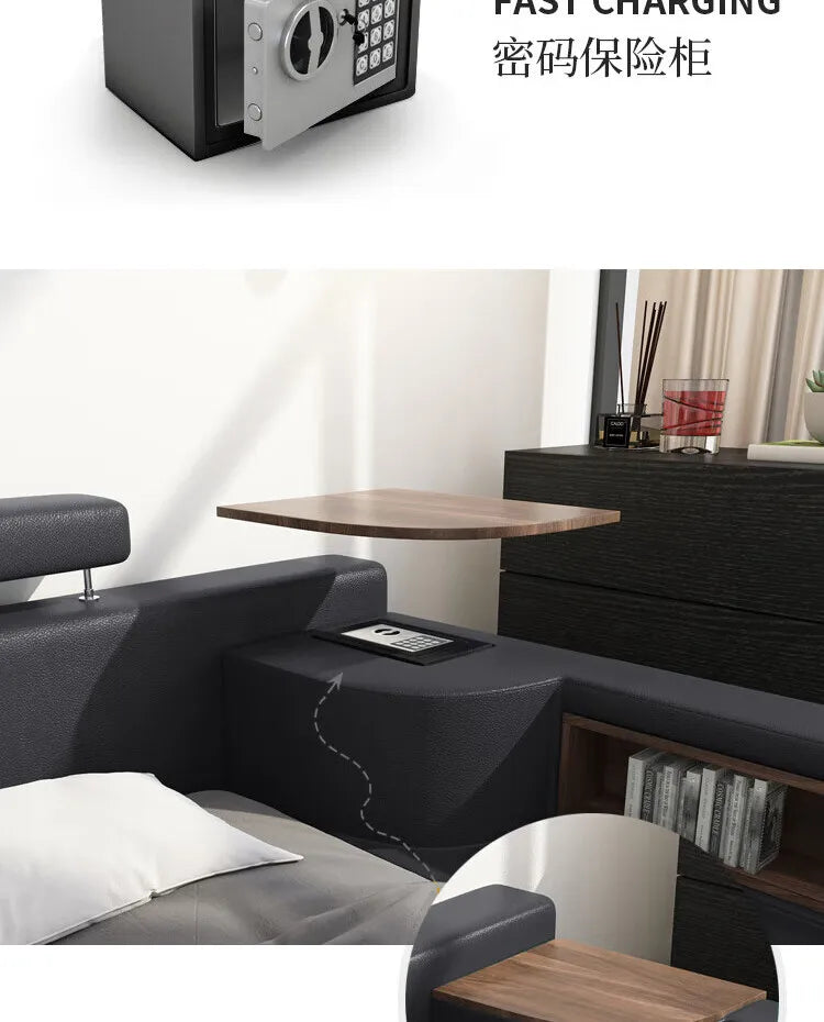 Modern charcoal grey upholstered bed with integrated side shelf, hidden storage safe, and built-in bookshelf.
