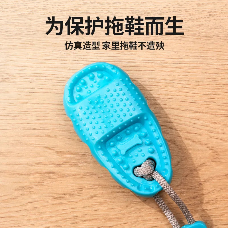 Bright blue, slipper-shaped dog chew toy with textured surface, bone detail and a sturdy woven rope attachment.