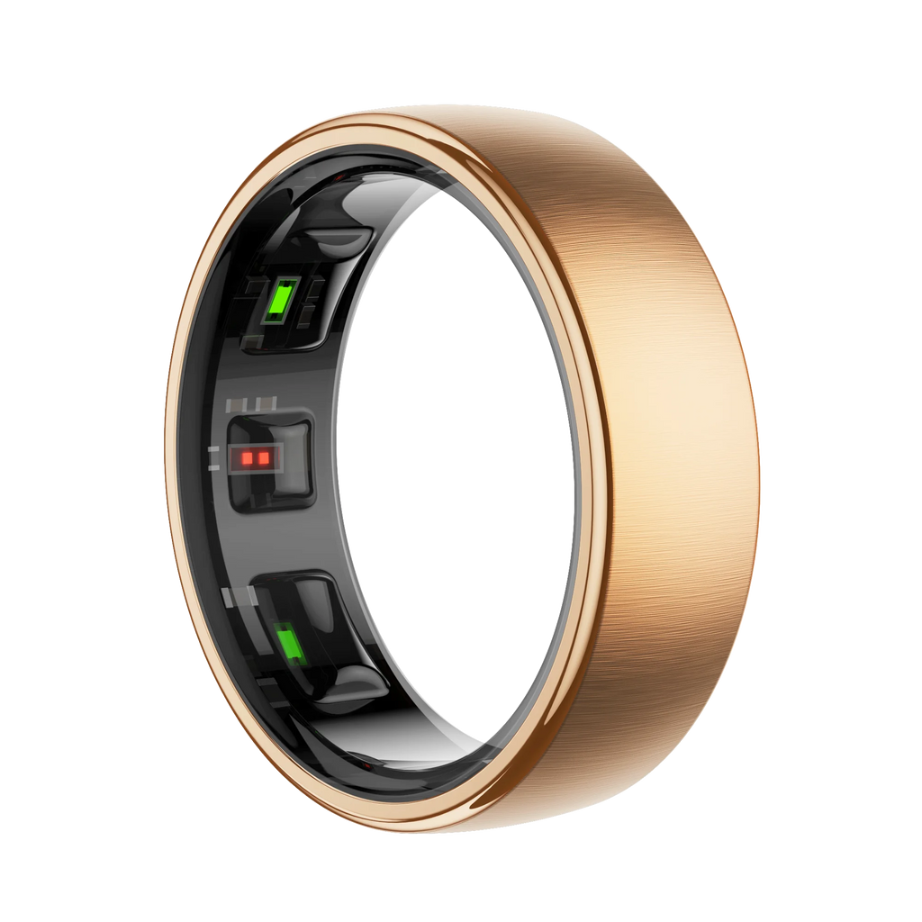 Brushed gold smart health ring with an inner sensor band showing green and red light monitors, set on a black background.