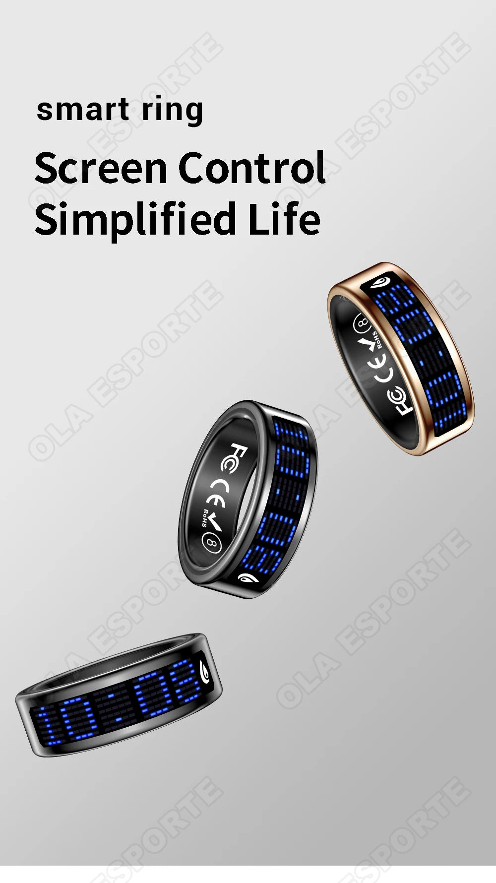 Three sleek smart rings in black and gold, featuring a digital blue touch display for health tracking.