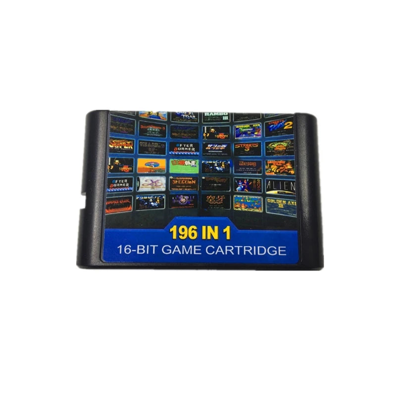 Black Sega Genesis 196-in-1 game cartridge with a blue label featuring game title grids and "196 IN 1".
