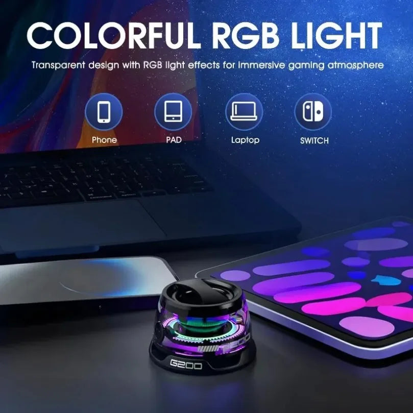 Transparent portable Bluetooth speaker with vibrant RGB lighting and an integrated phone stand, compatible with devices.