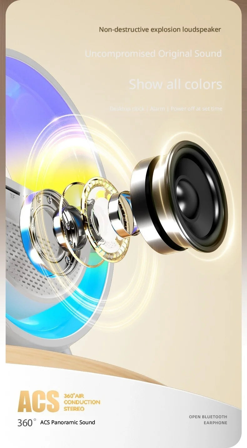 A sleek white smart alarm clock with an integrated speaker, soft LED mood lighting and a glowing interior design.