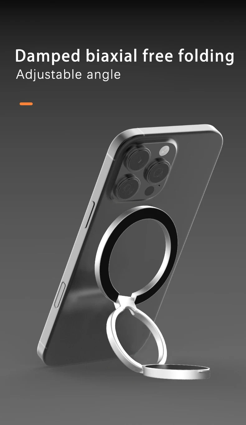 Silver foldable ring phone holder attached to the back of a smartphone, allowing for adjustable viewing angles.