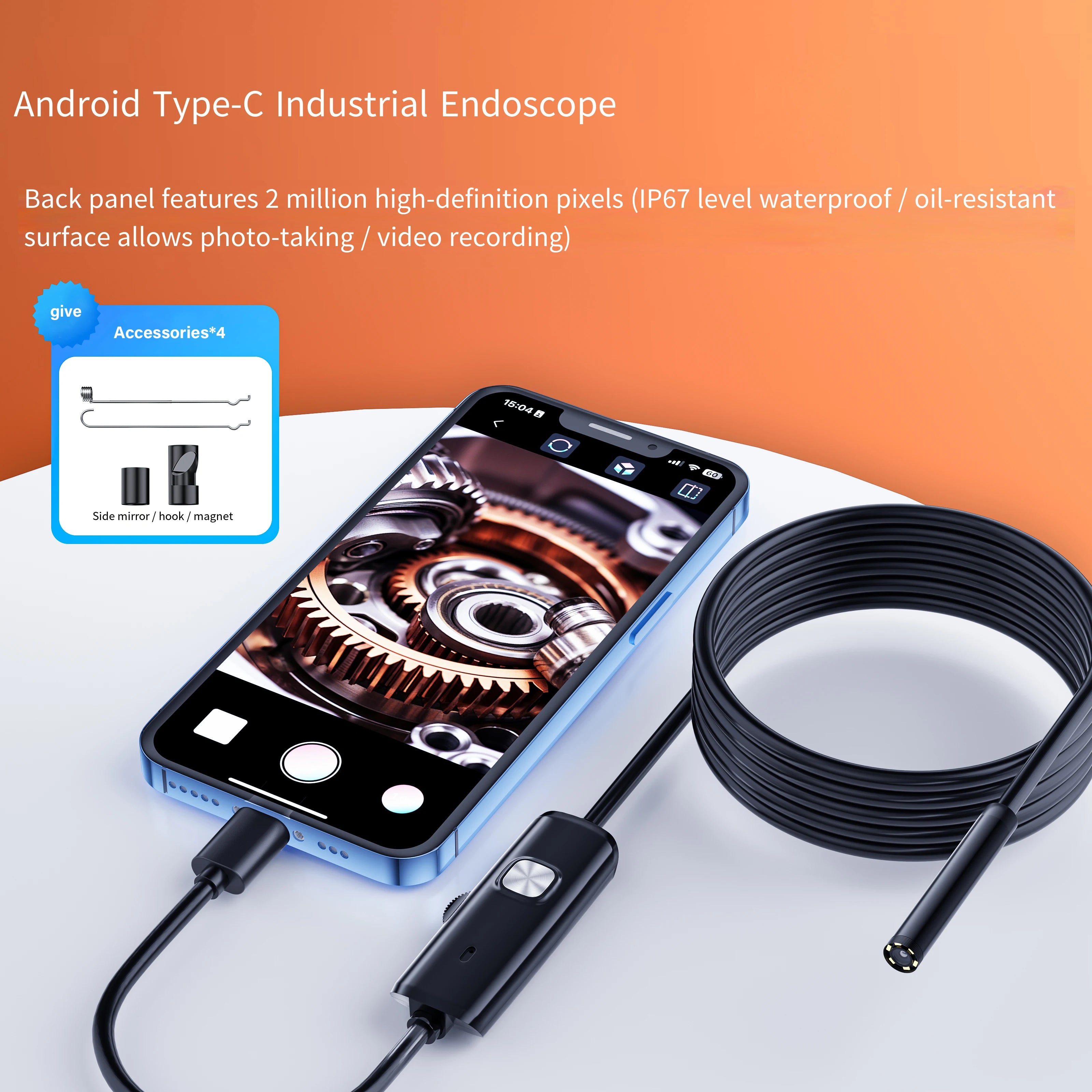 Black 7mm waterproof USB-C endoscope camera connected to a smartphone, showing gears on screen with four accessories.