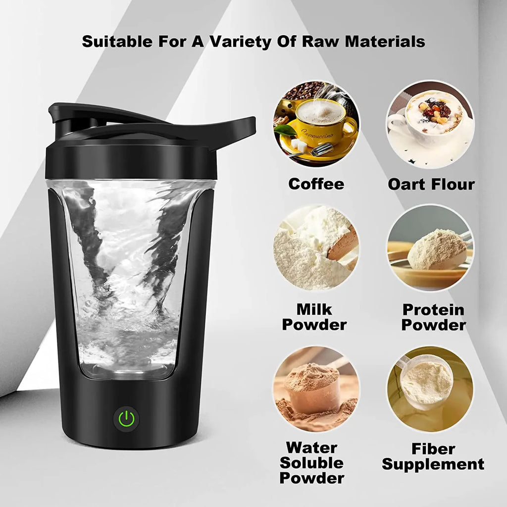 Black electric protein shaker bottle with a clear swirling vortex and a power button, shown with mixing examples.