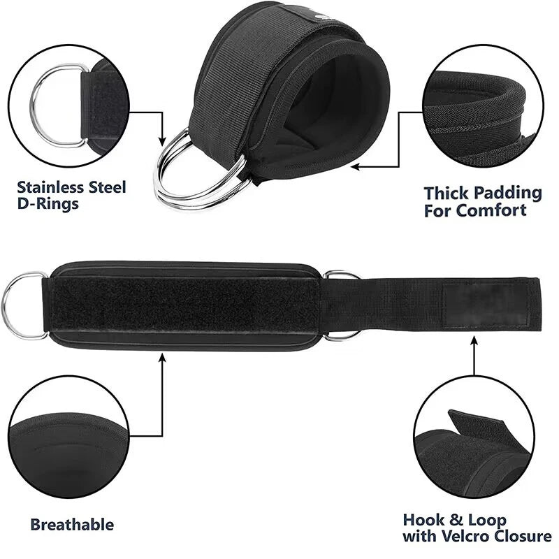 Black ankle strap for cable machines, featuring stainless steel D-rings, thick padding, and a velcro closure.