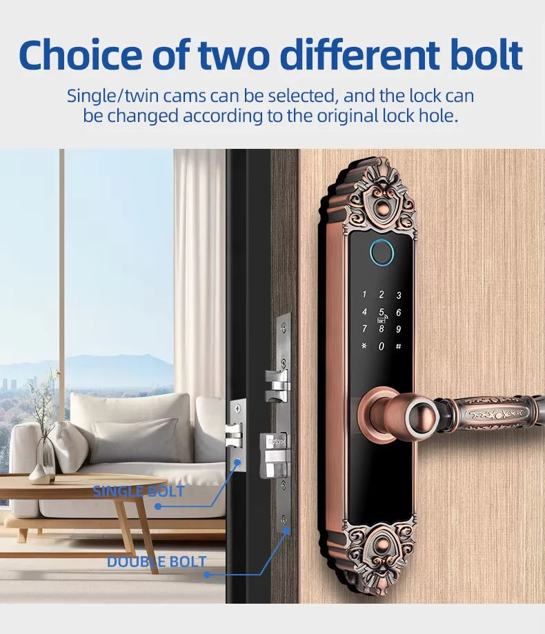 Ornate bronze-finish metal smart door lock with a digital touchscreen keypad, handle, and single or twin bolt option.