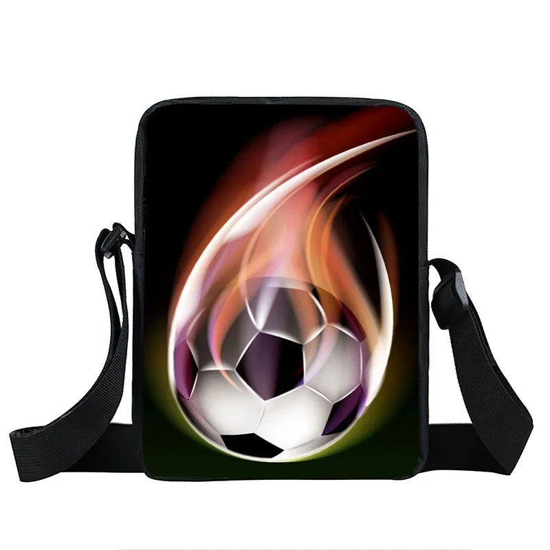 Black crossbody bag featuring a glowing football surrounded by flames on a dark background, with adjustable strap.