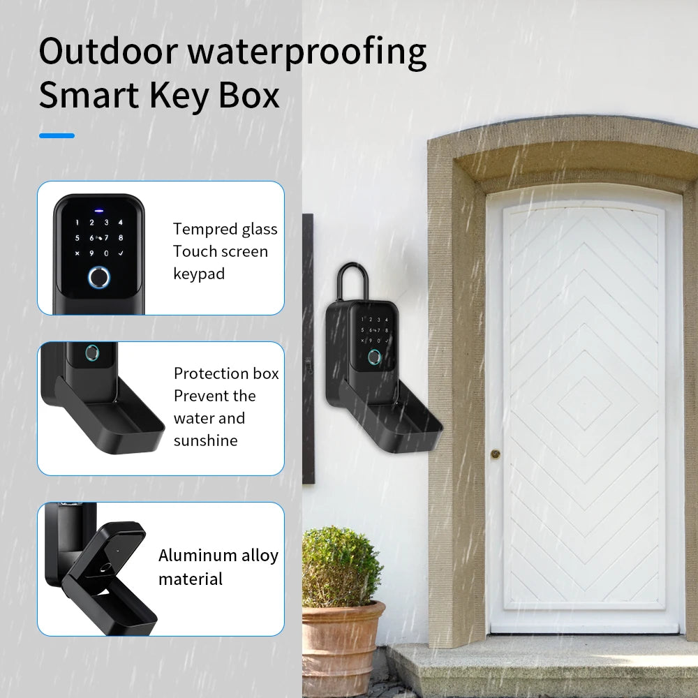 Black aluminum alloy smart key box with tempered glass touch keypad and waterproof protective cover for outdoor use.
