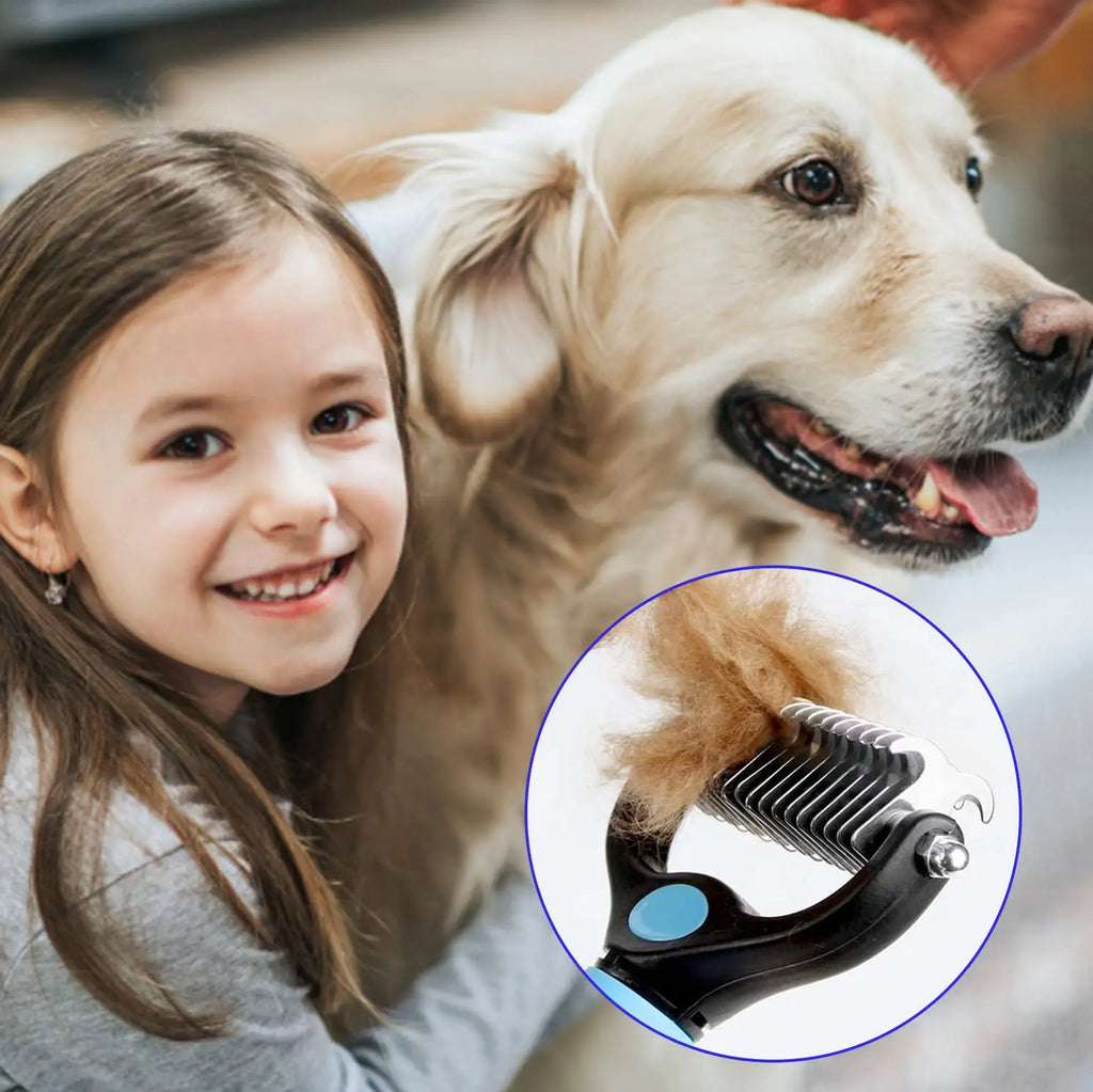 A girl petting a golden dog next to an inset image of a black and blue de-shedding pet grooming rake with fur.
