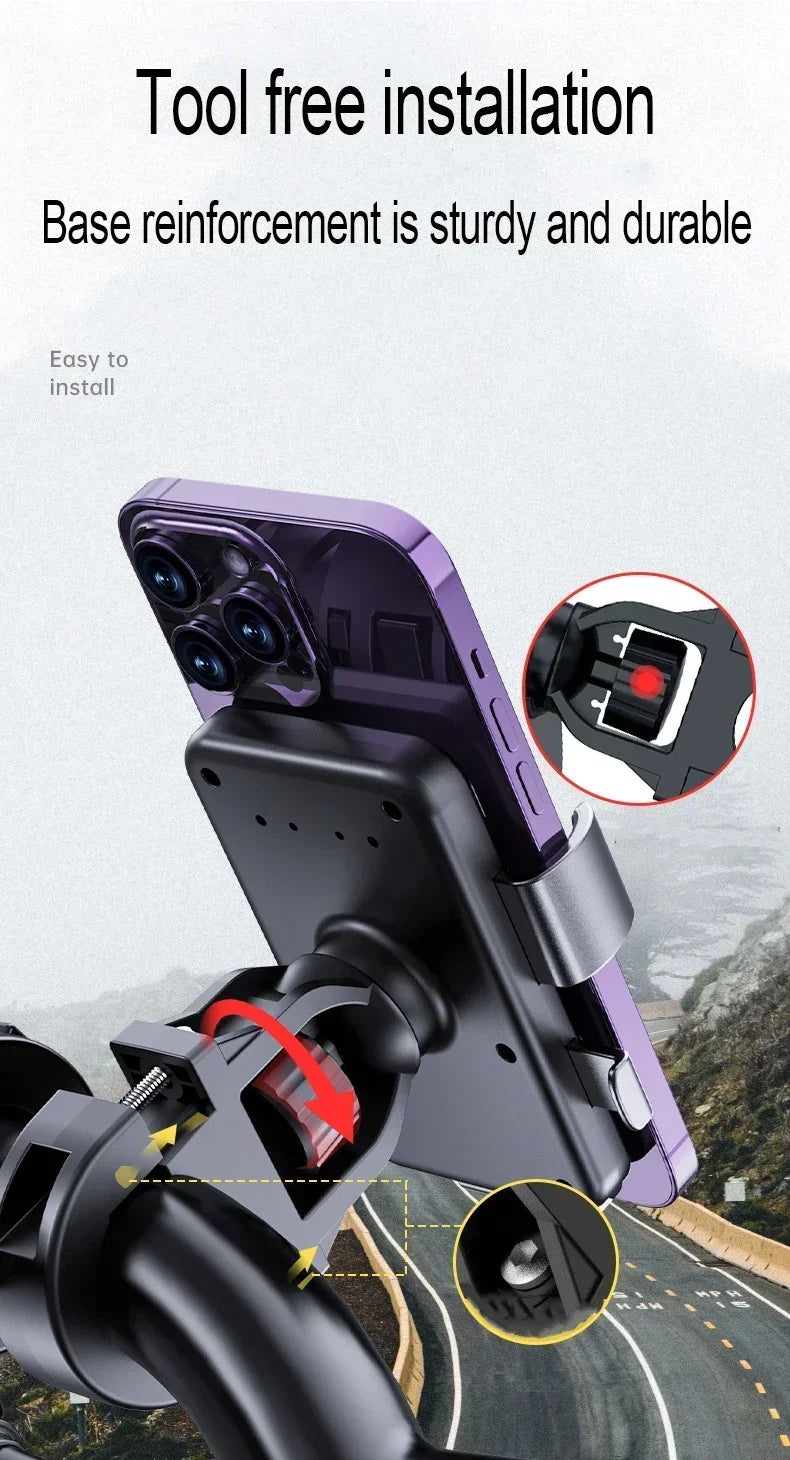 Black, tool-free bike phone mount with sturdy clamp, securely holding a purple smartphone on a mountain road background.