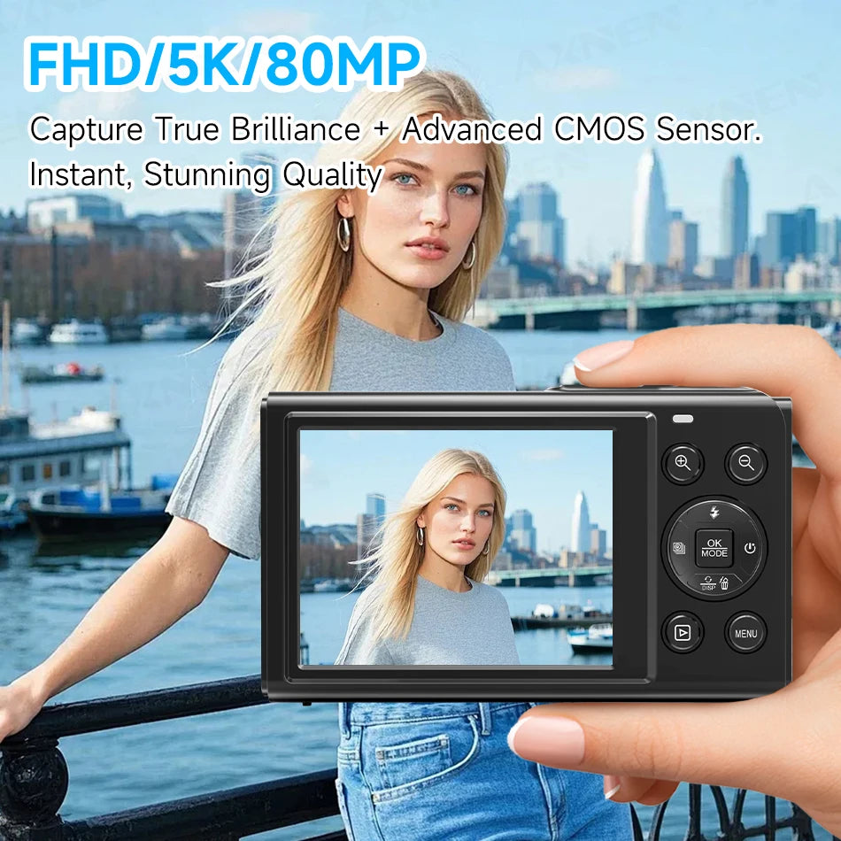 Black plastic digital camera held in a hand, showing a woman on its LCD screen with menu buttons on the side.