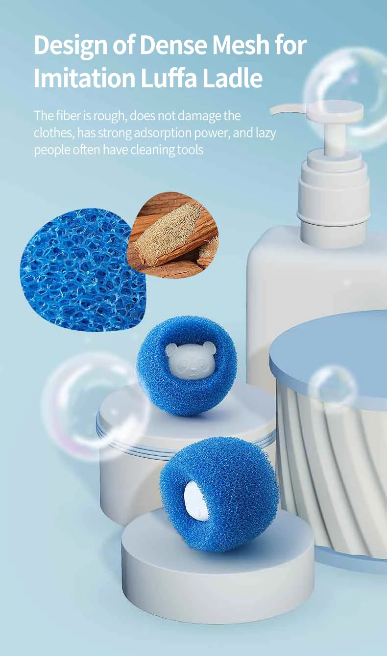 Blue, round, mesh laundry sponges with small white animal figures inside, displayed with cleaning supplies.