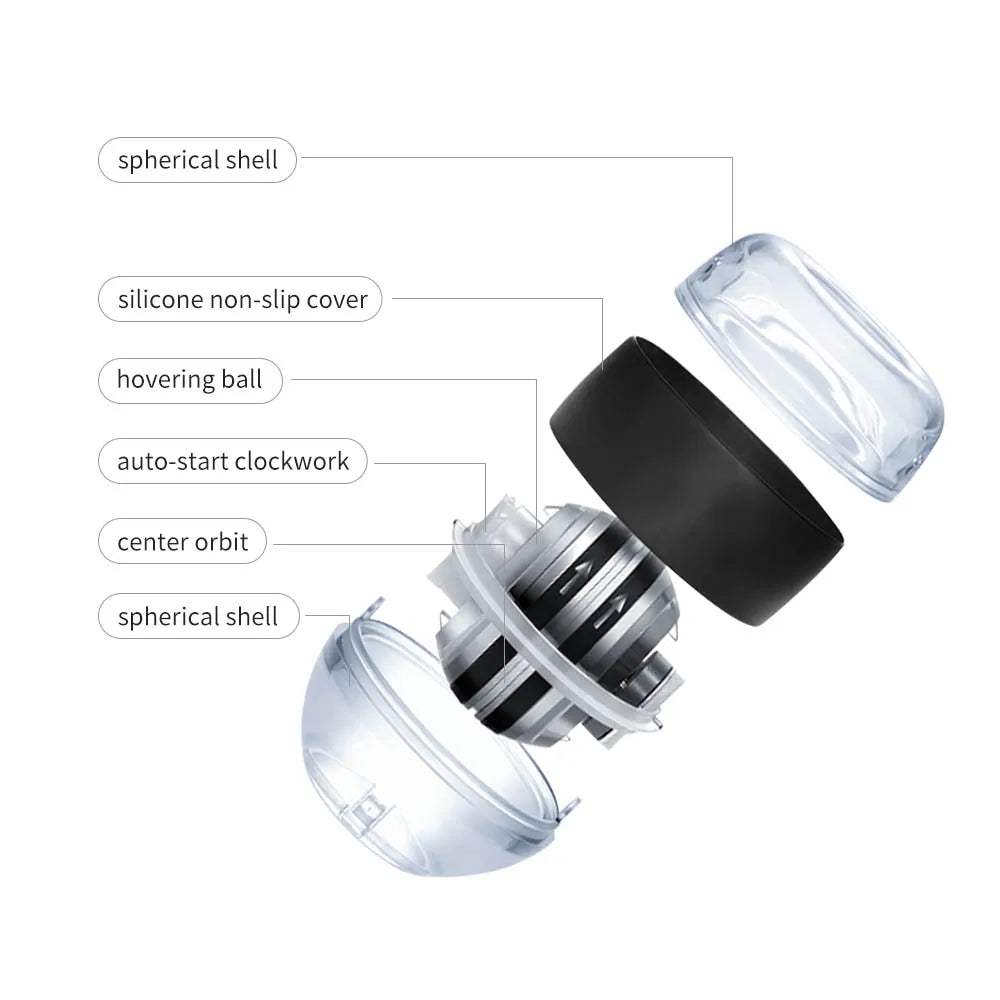 Exploded view of a spherical exercise gyro ball with a black silicone cover, clear shell, and metal core mechanism.