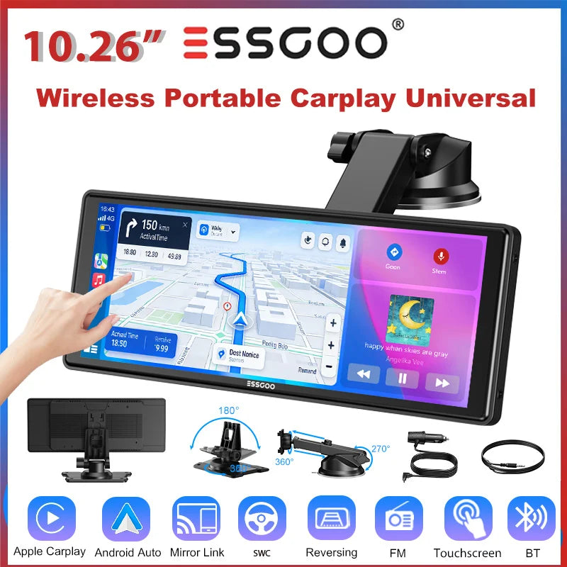 ESSGOO 10.26" black portable car stereo touchscreen with suction mount, GPS navigation display, and accessories.