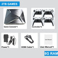 P88 retro game console set with silver geometric console, four white and black controllers, power, and HDMI.