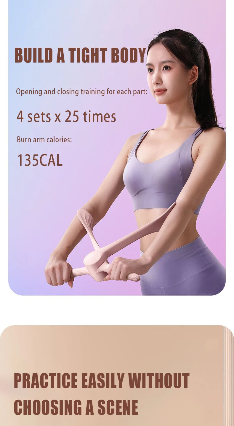 A woman in lilac gym wear uses a light pink, handheld butterfly-style arm trainer for a home fitness workout.