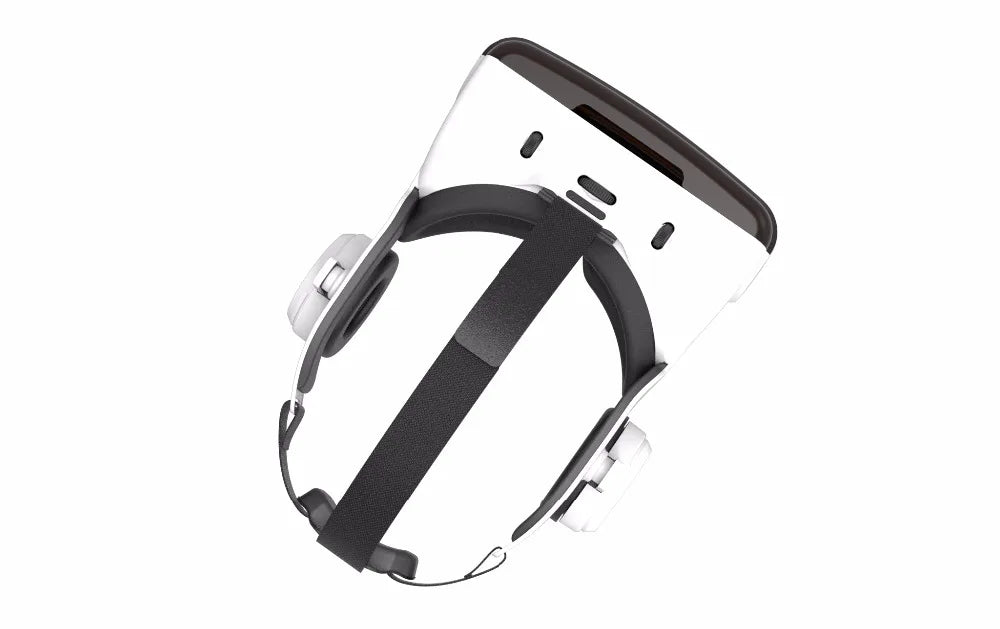 White smartphone VR headset featuring integrated headphones and a black adjustable fabric head strap.