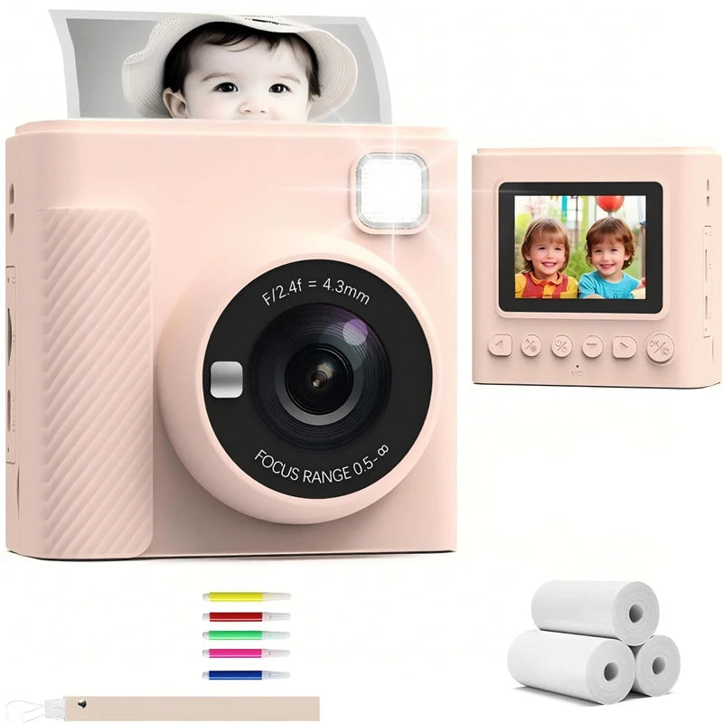 Light pink plastic instant print camera with a screen, flash, lens, three paper rolls, and five color markers.