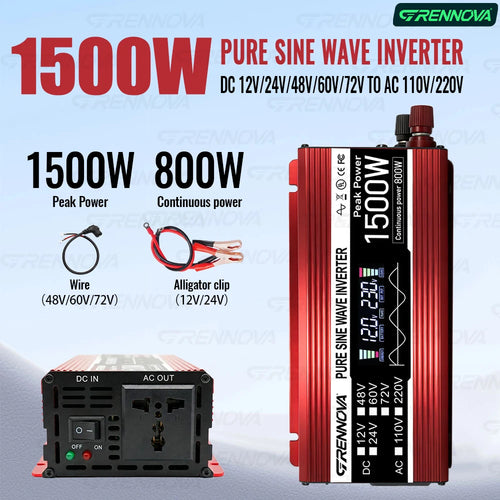 Red 1500W pure sine wave inverter featuring a digital display, DC inputs, AC outlet, and included power connection cables.