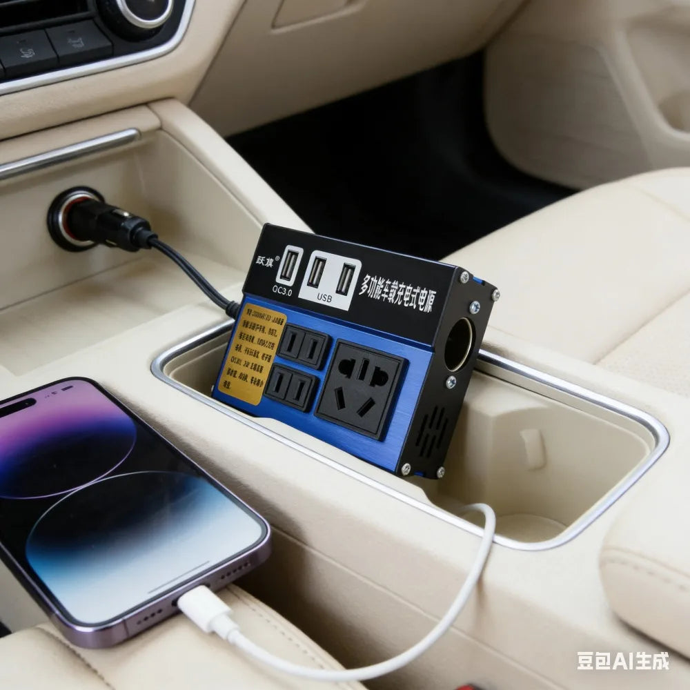 Blue and black 2000W car power inverter in a cup holder, featuring multiple AC and USB charging ports.