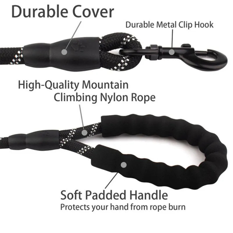 Heavy-duty black dog lead with reflective mountain-climbing rope, a durable metal clip, and a soft, padded handle.