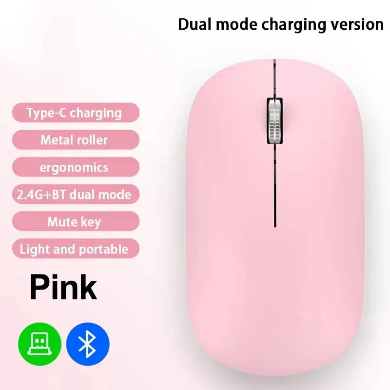 Slim pink wireless mouse with a metal scroll wheel, silent buttons, and dual-mode Bluetooth/2.4G connectivity.