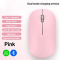 Slim pink wireless mouse with a metal scroll wheel, silent buttons, and dual-mode Bluetooth/2.4G connectivity.