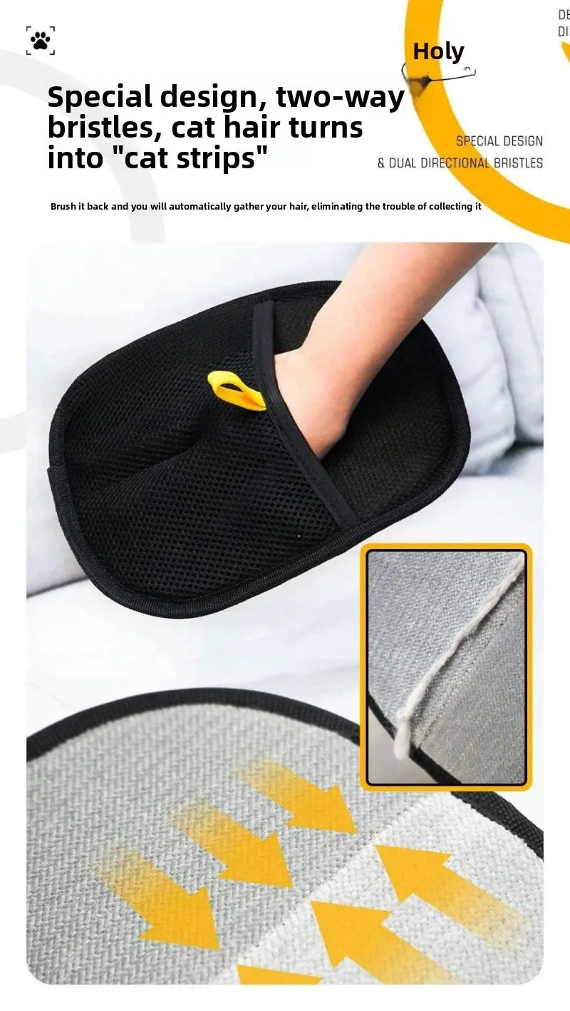 Black and grey pet hair removal glove with two-way directional bristles to gather hair into easy-to-remove strips.