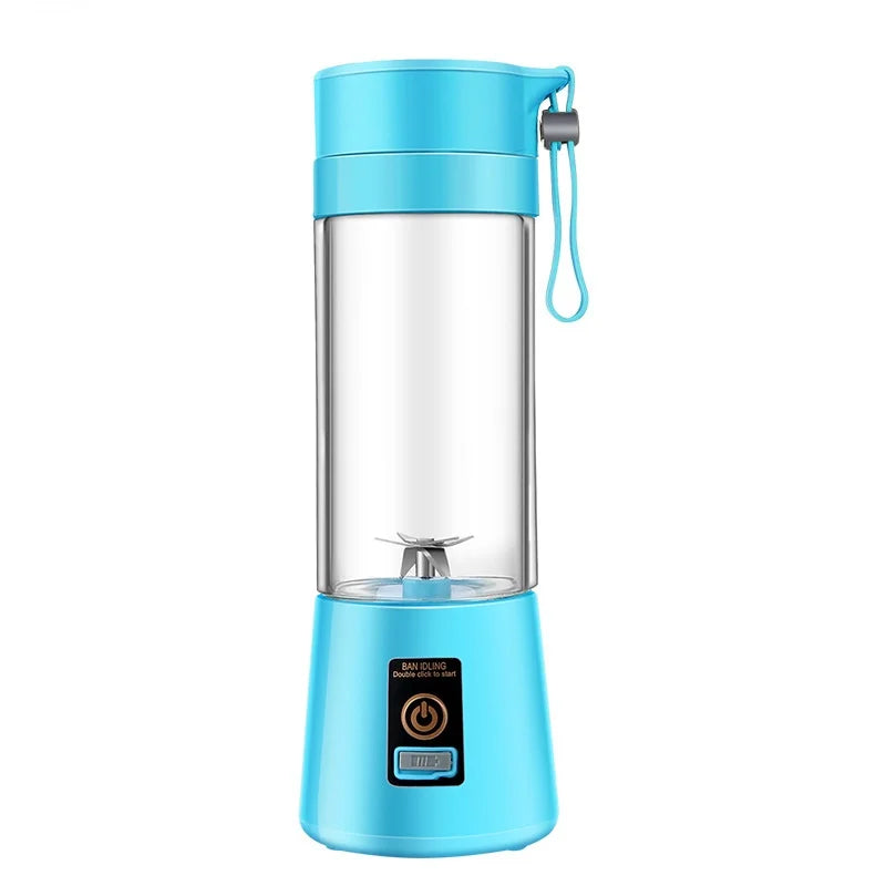 A portable, light blue personal blender with a clear plastic cup, metal blades, and a power button on the base.