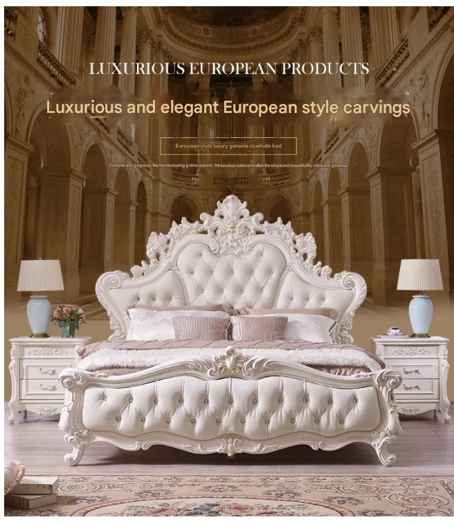 Luxury white European-style bed with ornate wood carvings, a tufted leather headboard, and matching bedside tables.