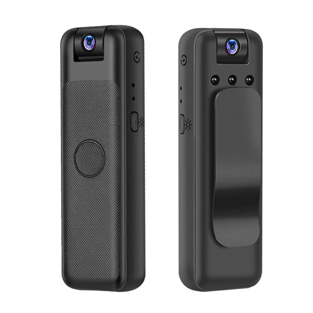 Front and back view of a black plastic wearable mini body camera with a top lens, control button, and belt clip.