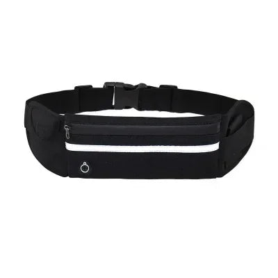Black adjustable running belt with a zipped pocket, reflective strip, and headphone port.