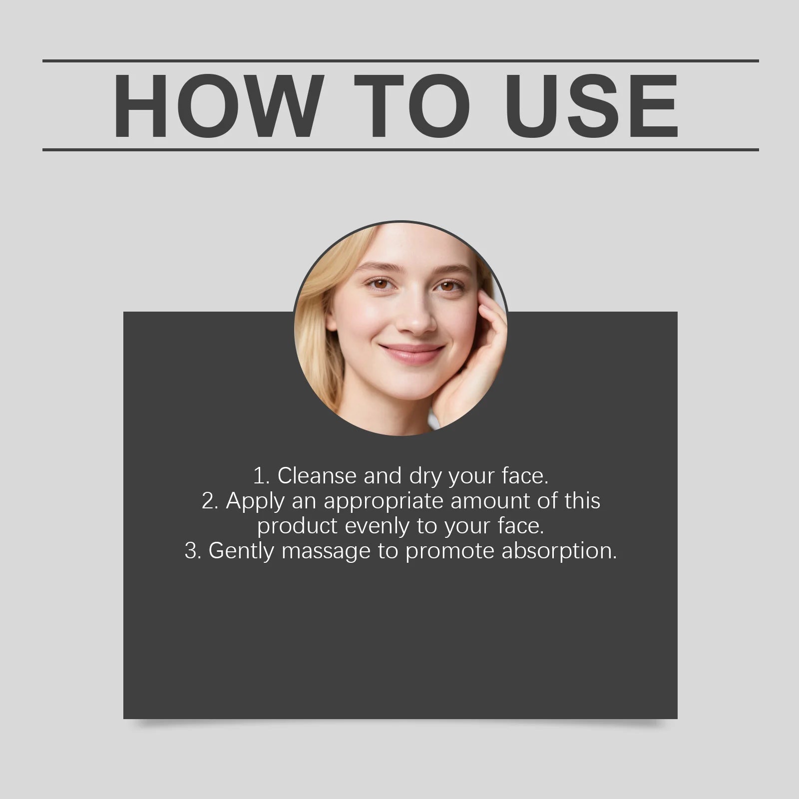 Instructional graphic showing a smiling woman with three steps for applying skincare: cleanse, apply, and massage.
