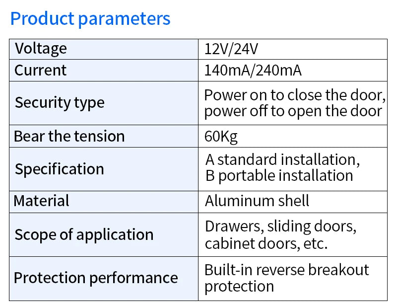 Table listing technical product parameters for an aluminum shell electric lock with 60kg tension capacity.