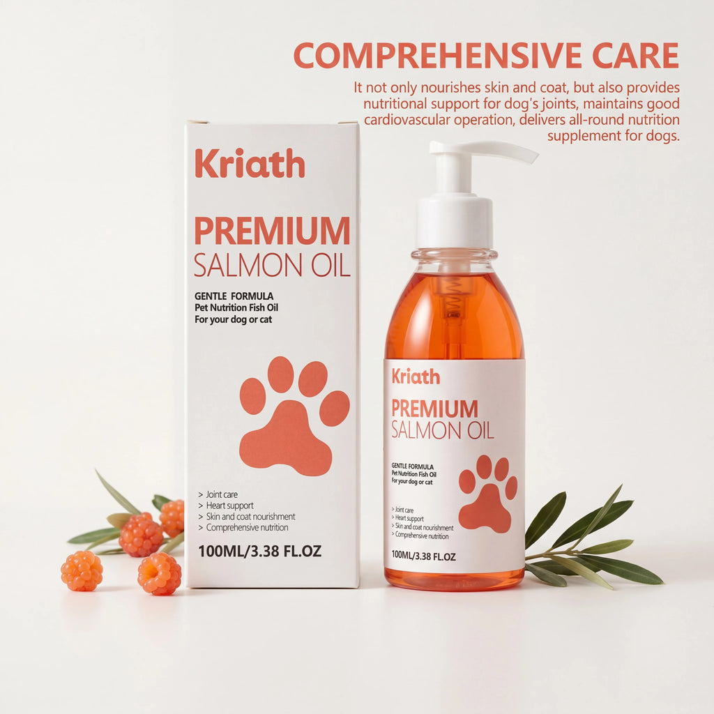 100ml pump bottle of orange premium salmon oil for pets, with white packaging featuring a paw print and health benefits.