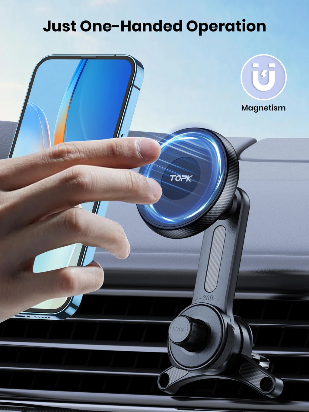 Black magnetic car phone mount attached to a dashboard vent, showing one-handed operation of a mobile device.