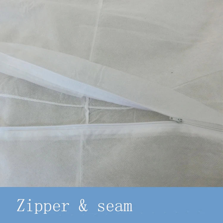White non-woven fabric protective cover featuring a zippered closure and reinforced seams.