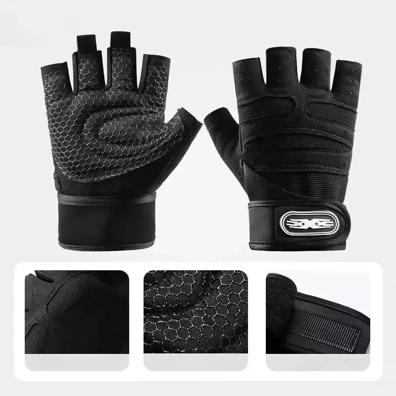 Pair of black fingerless gym gloves with padded honeycomb palms, ventilation panels, and a supportive wrist strap.