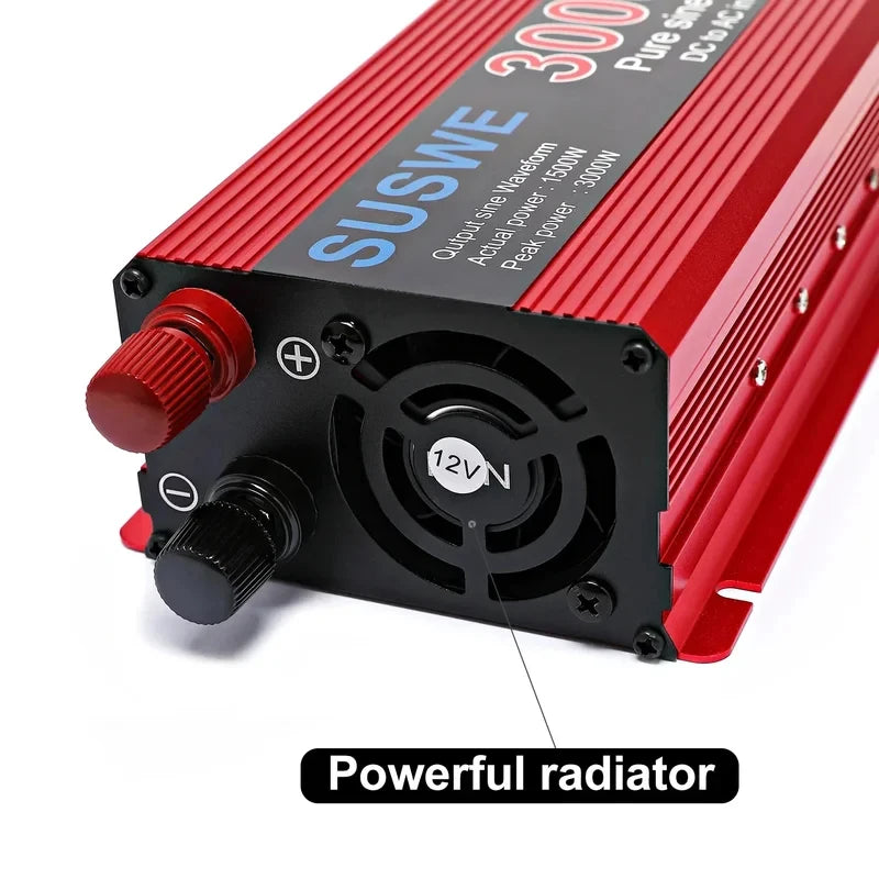 Red car power inverter featuring a cooling fan, 12V input terminals, and a metallic, ribbed heat-sink design.